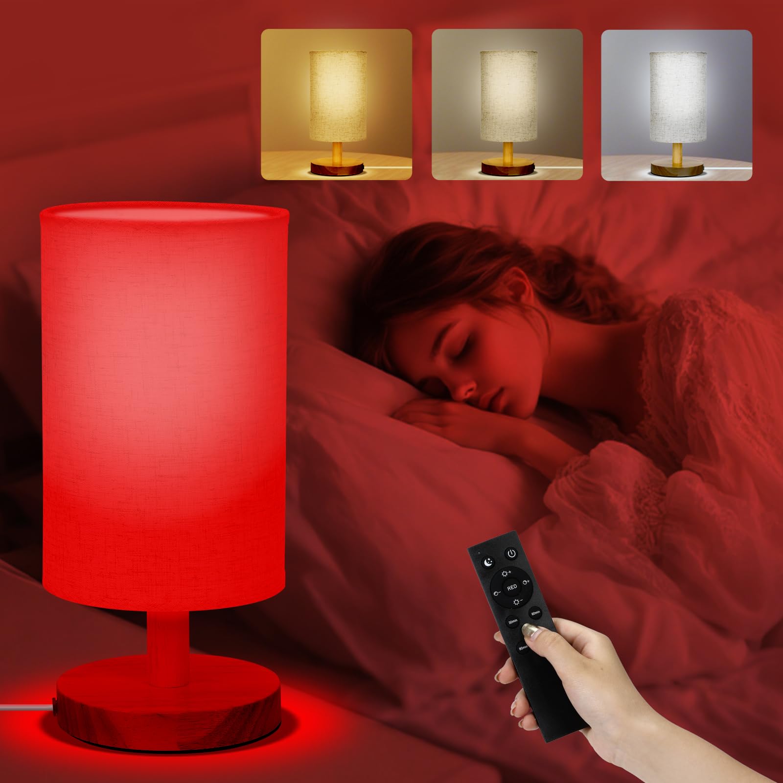Red Light Lamp for Bedroom, Nightstand Lamp with 670nm Red & 3000